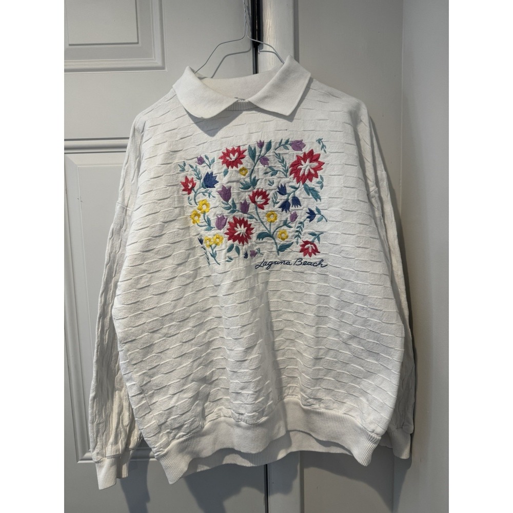 Vintage Crazy Shirts Laguna Beach Sweater Embroidered Flowers Collar M